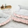 清新纯棉格子花边+高档獭兔绒可拆洗三件套