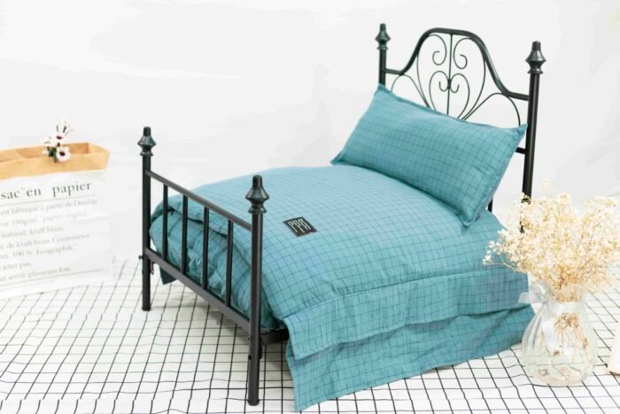 经典蓝色格子可拆洗欧式铁艺宠物床6件套