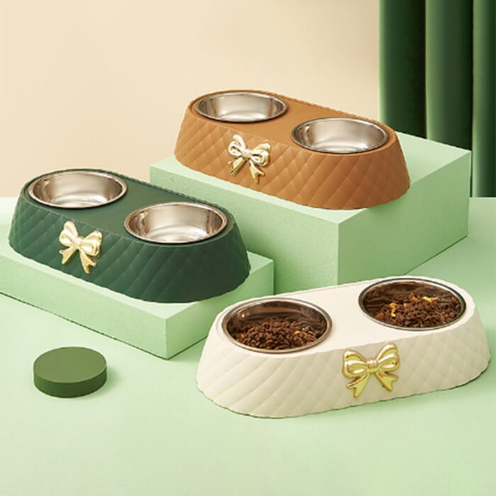 蝴蝶结不锈钢宠物双碗（TZSJ-cw338）